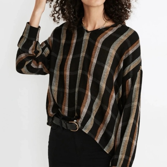 Madewell Tops - Madewell Highroad Popover Top Black Tan Stripe NWT Size M Lightweight Blouse